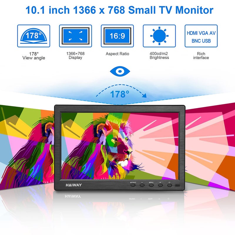 Haiway 10.1 inch Security Monitor, 1366x768 Resolution Small HDMI Monitor Small Computer Monitors with Remote Control with Built-in Dual Speakers HDMI VGA BNC USB Input for Gaming CCTV Raspberry Pi PC - Image 3